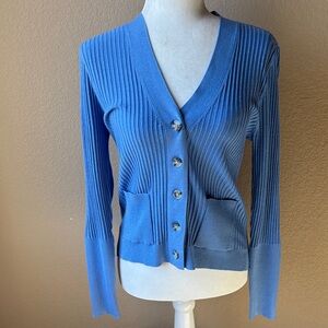 LOFT Blue Ribbed V-Neck Cardigan, Size Small